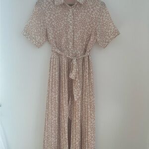 Tan Buttoned Tie Front Maxi Dress with Pleated Skirt